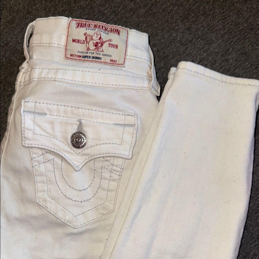 True Religion White Skinny Jeans with Signature Stitching